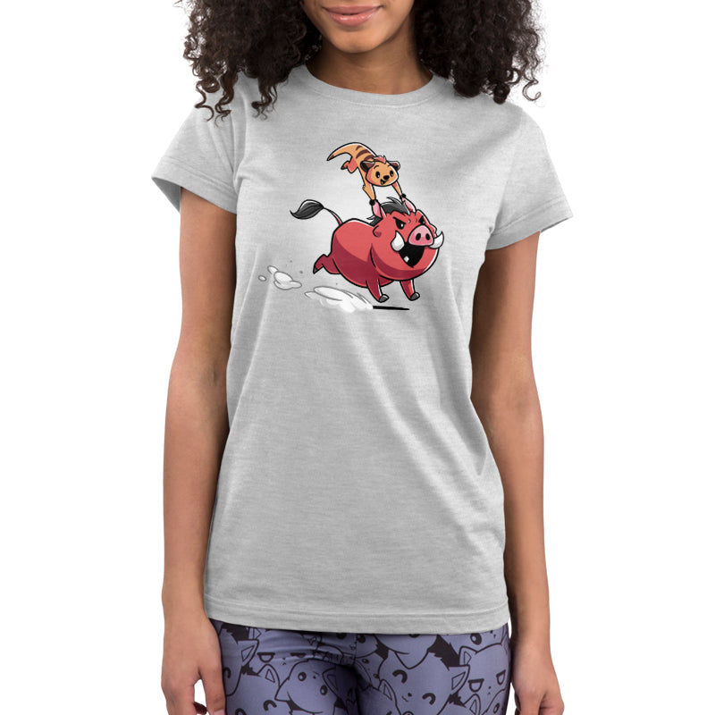 An officially licensed Disney Timon & Pumbaa women's t-shirt featuring a girl riding a pig.