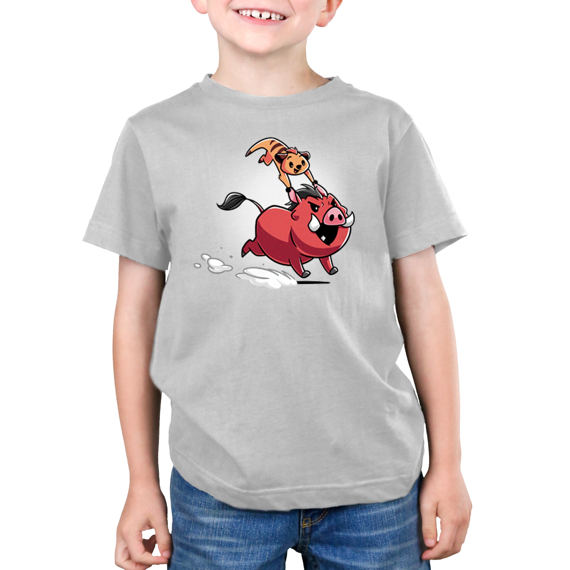 A young boy wearing an officially licensed Timon & Pumbaa t-shirt from Disney.