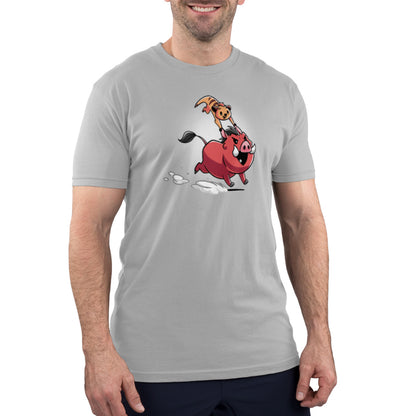 A man wearing an officially licensed Disney Timon & Pumbaa t-shirt rides a bull.