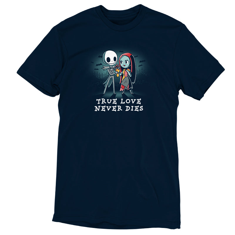 An officially licensed Disney Nightmare Before Christmas t-shirt that says True Love Never Dies.