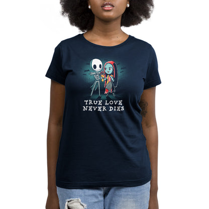 A woman wearing an officially licensed Disney Nightmare Before Christmas True Love Never Dies t-shirt.