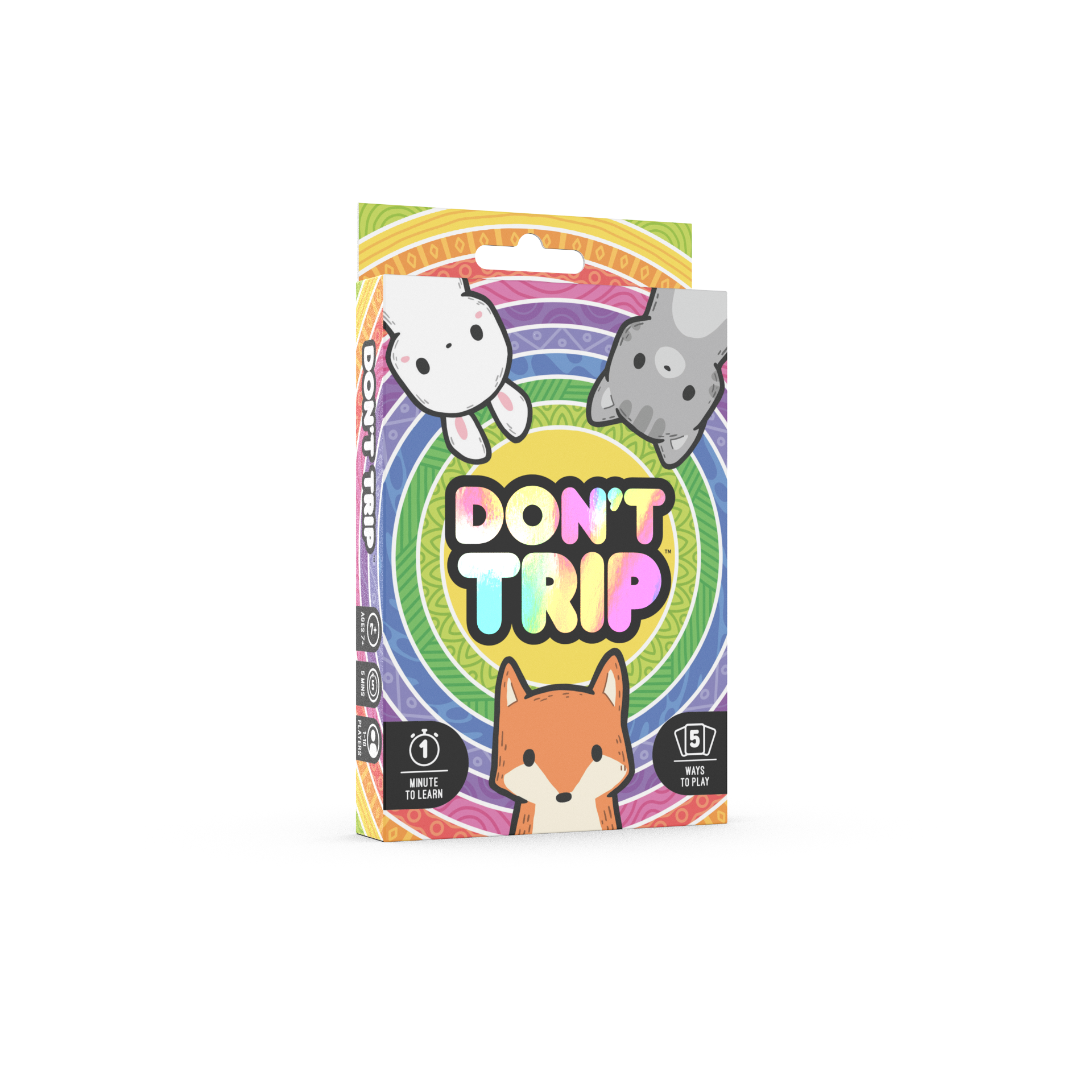 The "Don't Trip" base game by Unstable Games features cartoon animals on the box all staring at the viewer, with psychedellic rainbow cocentric circles behind them and the game title in the center. "Don't Trip" is a fast-paced party game that puts players' attention to detail to the test.