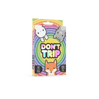 The "Don't Trip" base game by Unstable Games features cartoon animals on the box all staring at the viewer, with psychedellic rainbow cocentric circles behind them and the game title in the center. "Don't Trip" is a fast-paced party game that puts players' attention to detail to the test.