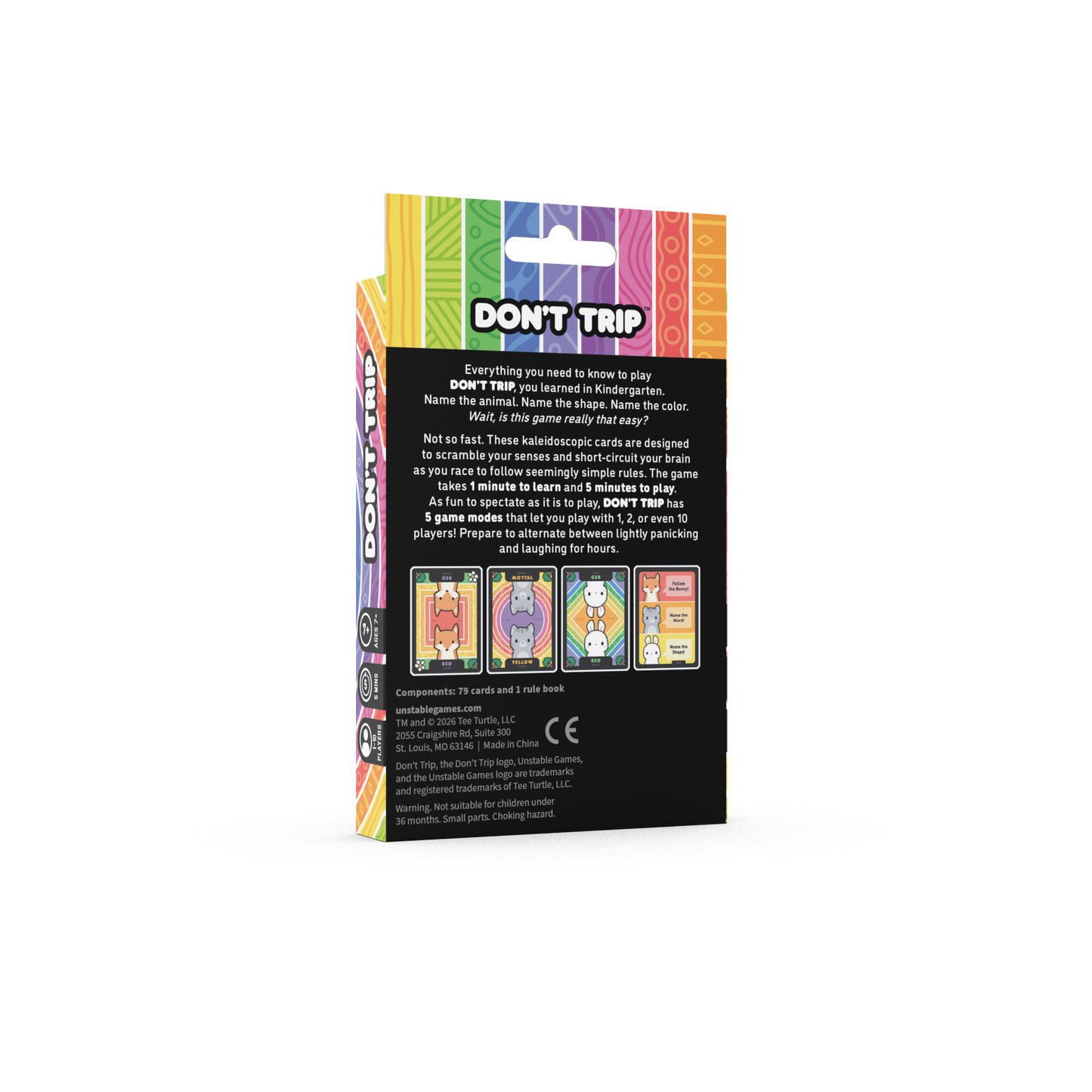 The "Don't Trip" base game by Unstable Games features cartoon animals on the box all staring at the viewer, with psychedellic rainbow cocentric circles behind them and the game title in the center. "Don't Trip" is a fast-paced party game that puts players' attention to detail to the test.
