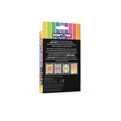The "Don't Trip" base game by Unstable Games features cartoon animals on the box all staring at the viewer, with psychedellic rainbow cocentric circles behind them and the game title in the center. "Don't Trip" is a fast-paced party game that puts players' attention to detail to the test.