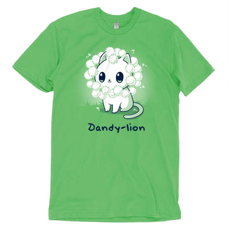 Premium Cotton T-shirt_TeeTurtle Dandy-lion apple t-shirt featuring a white cat with a dandelion fluff mane and a pun underneath it.