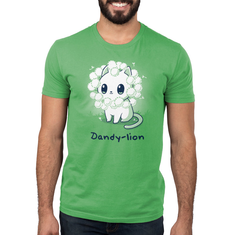 Premium Cotton T-shirt_TeeTurtle Dandy-lion apple t-shirt featuring a white cat with a dandelion fluff mane and a pun underneath it.