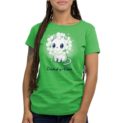 Premium Cotton T-shirt_TeeTurtle Dandy-lion apple apparel featuring a white cat with a dandelion fluff mane and a pun underneath it.