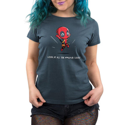 A woman wearing the Marvel - Deadpool/X-Men's officially licensed Deadpool Gives Zero #*&%$ t-shirt.