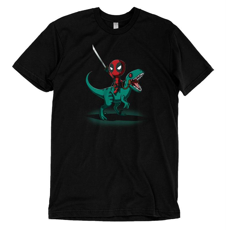 A Marvel - Deadpool/X-Men officially licensed black t-shirt featuring Deadpool on a Raptor.