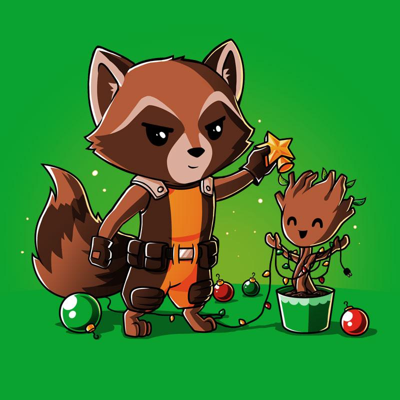 Officially licensed Marvel Rocket Around the Christmas Tree T-shirt featuring Raccoon and Groot.