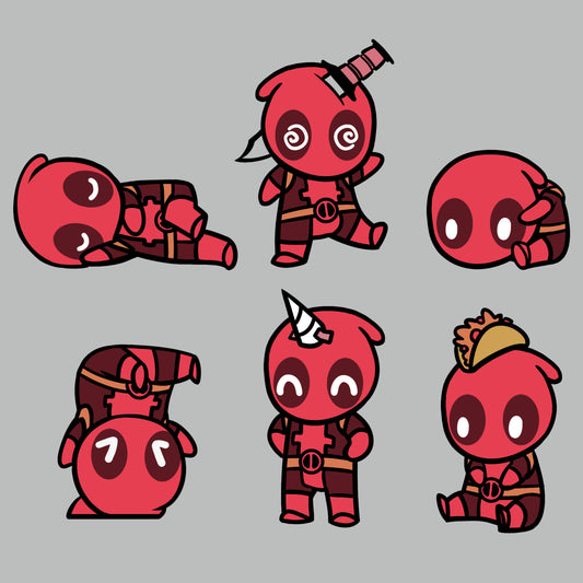A group of red Derpy Deadpools characters in different poses featured on a Marvel - Deadpool/X-Men T-shirt.