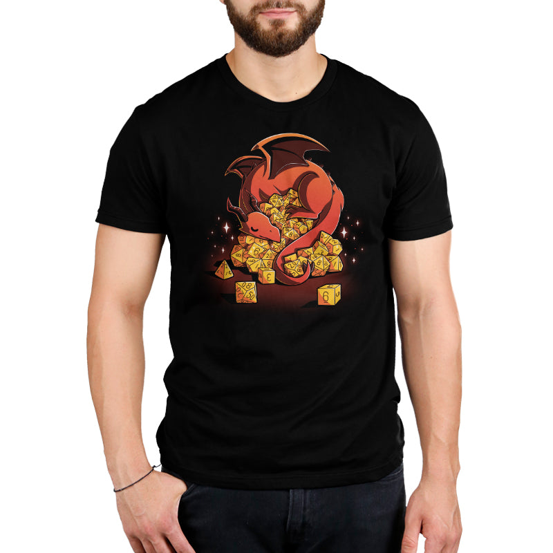 A man wearing a black t-shirt with a Dice Hoarder by TeeTurtle on it, representing his love for dragons.