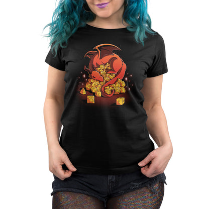 A woman wearing a black t-shirt with a dragon on it from TeeTurtle, showcasing the Dice Hoarder.