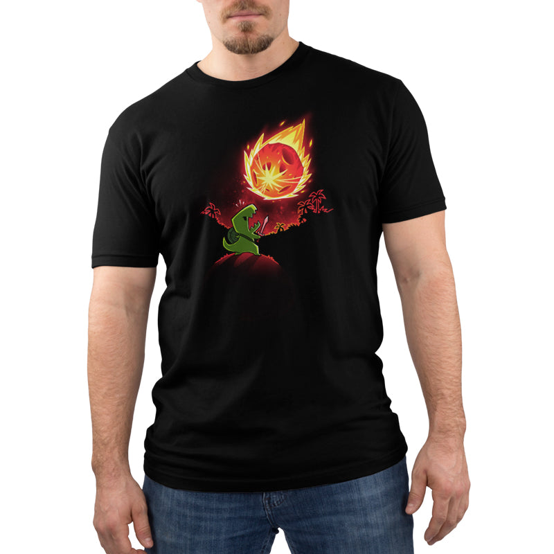 A black men's t-shirt with a flame design, called the Meteor Destroyer by TeeTurtle.