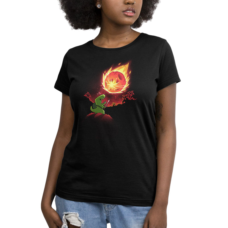 A women's black T-shirt featuring an image of a fiery frog, the TeeTurtle original "Meteor Destroyer" nemesis defeating tee.