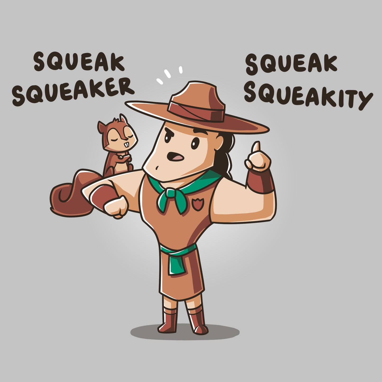 An officially licensed Disney cartoon character wearing a Squeak Squeakity cotton T-shirt squawks with the words squawk squawkity.