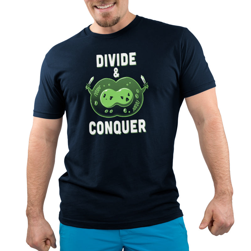 Premium Cotton T-shirt_TeeTurtle Divide & Conquer navy blue t-shirt featuring a dividing cell armed with swords.