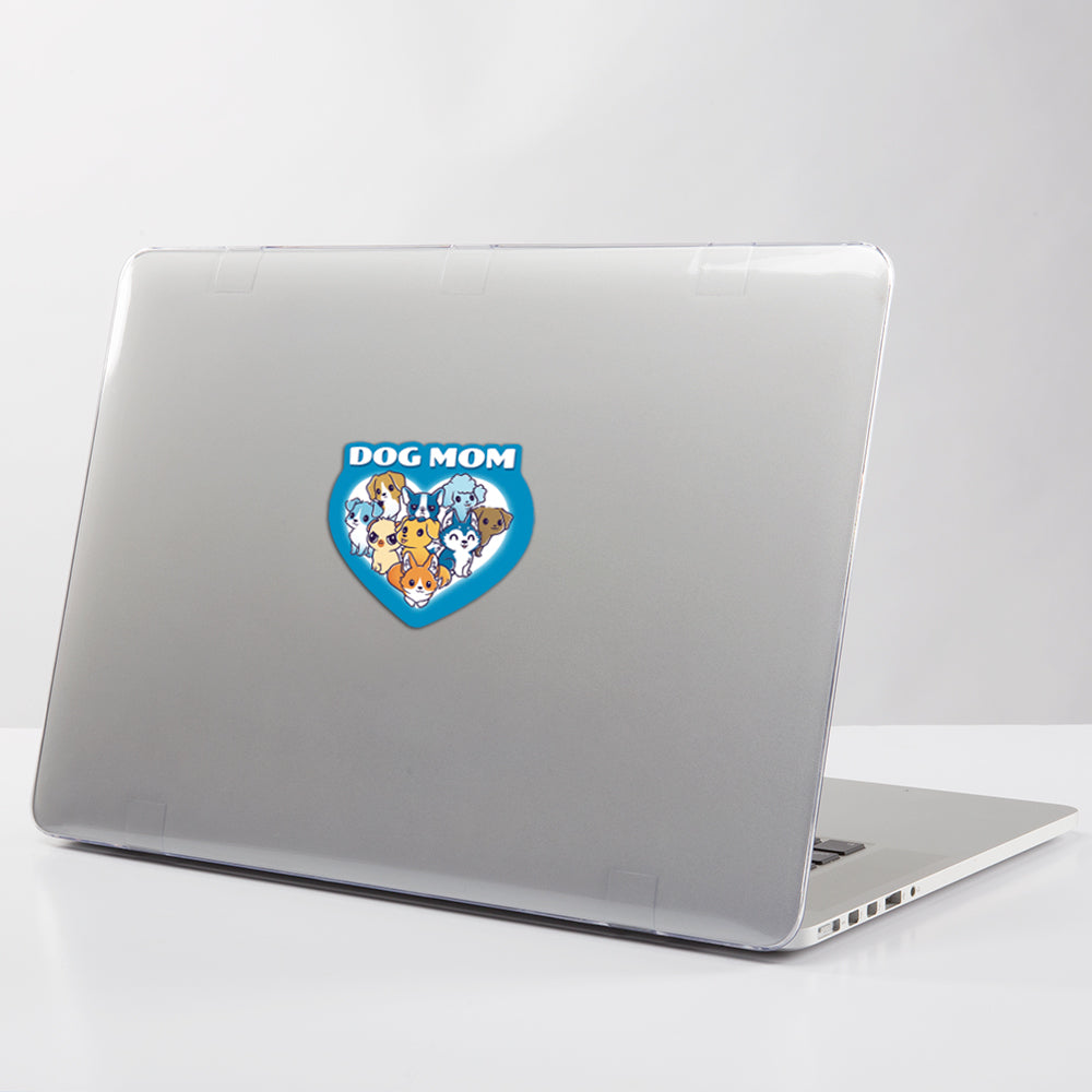 A water-resistant vinyl laptop with a TeeTurtle Dog Mom Sticker.