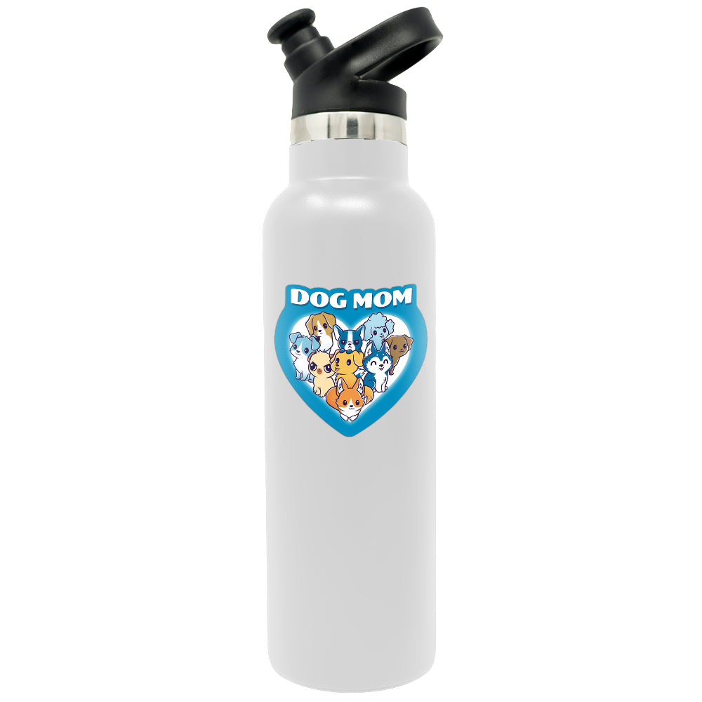 A white water bottle with cute TeeTurtle Dog Mom Stickers and the words "dog mom" on it.