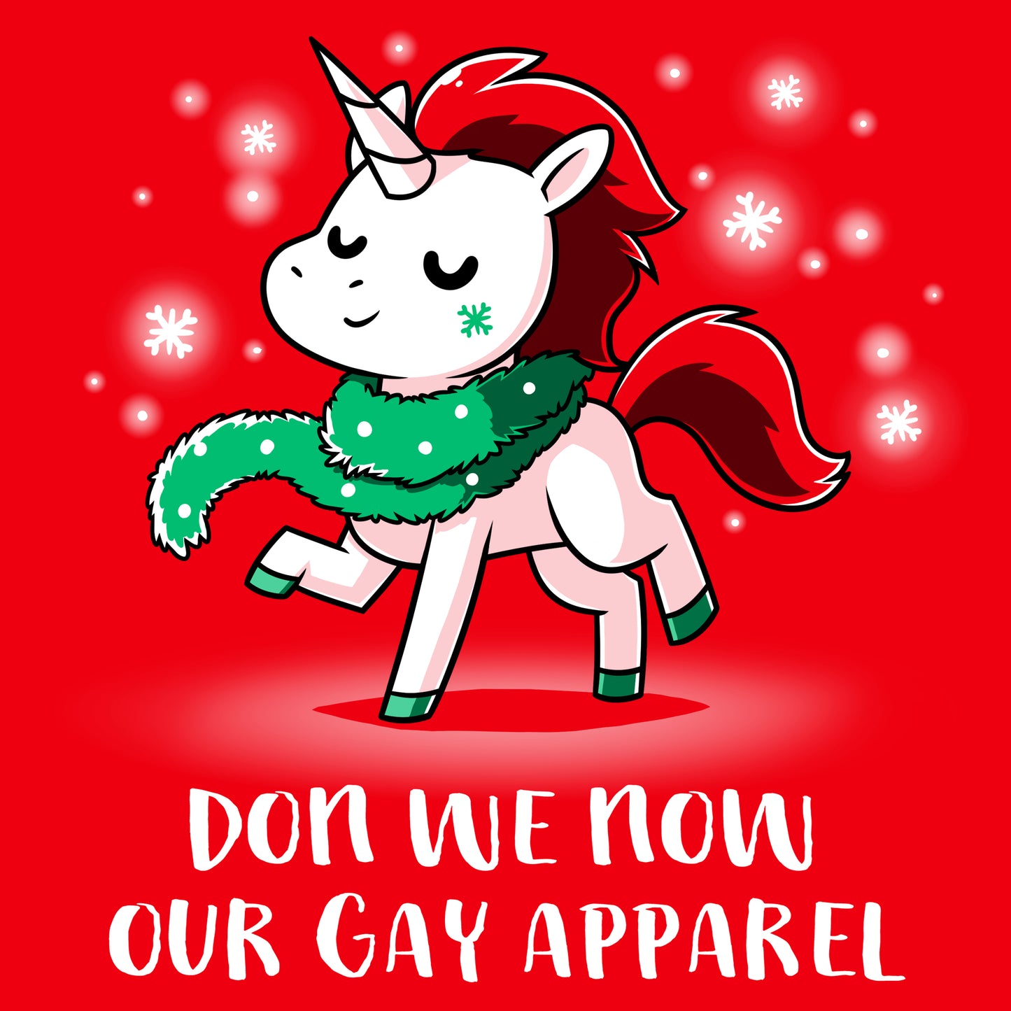 Premium Cotton T-shirt_TeeTurtle Don We Now Our Gay Apparel red t-shirt featuring a fabulous unicorn wearing Christmas garland as a scarf.