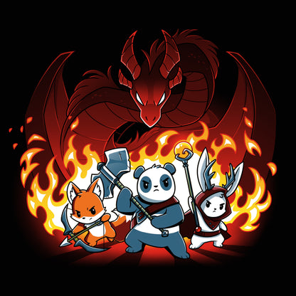 A Panda bear and a Dragon in flames wearing fire-resistance armor on a TeeTurtle original Dragon Fight t-shirt.