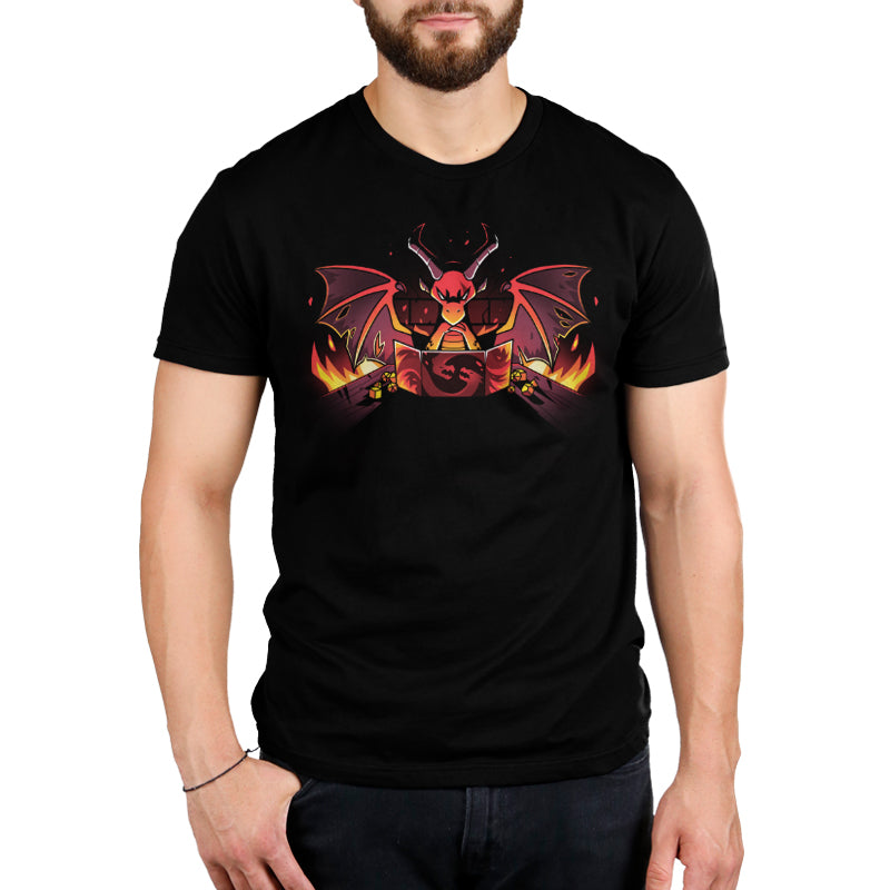 A man wearing a Dragon Master t-shirt with a dragon on it from TeeTurtle.