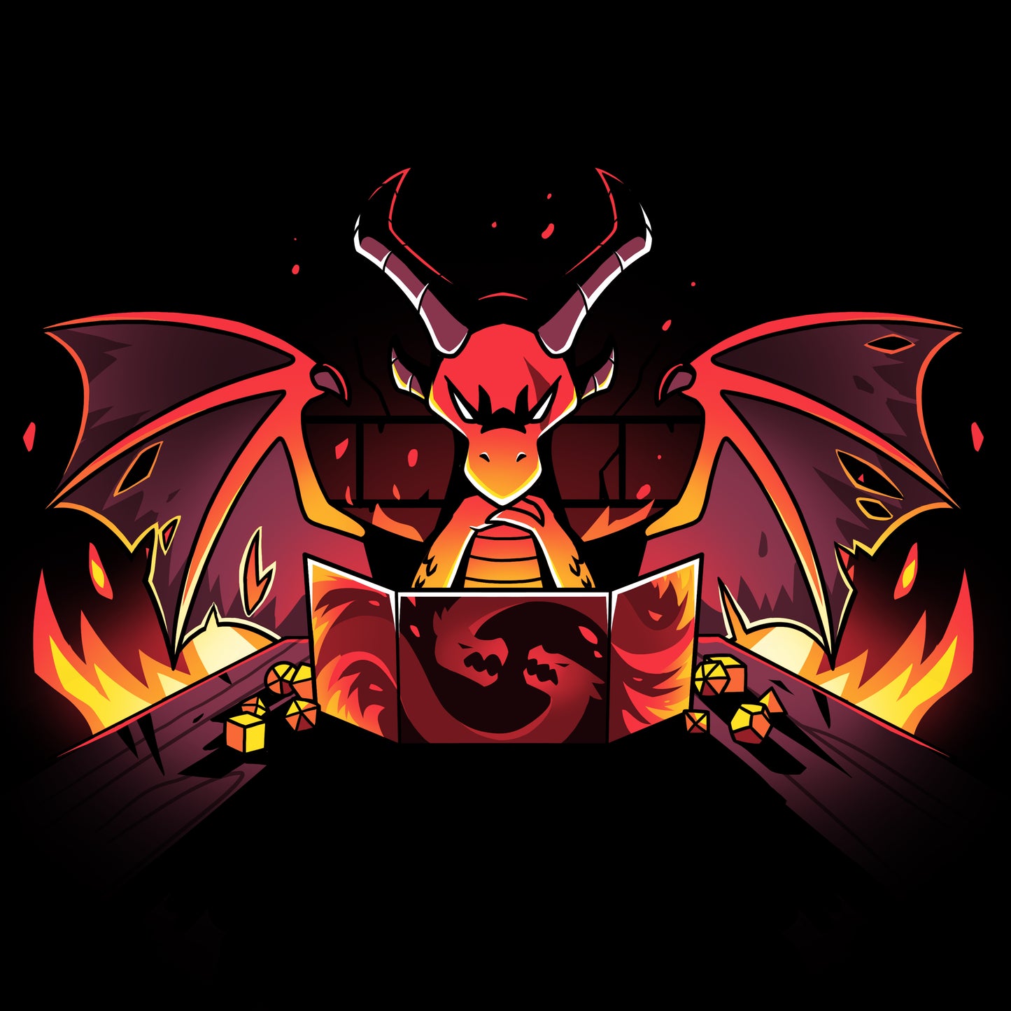 A TeeTurtle Dragon Master T-shirt featuring an image of a dragon sitting in a fire.