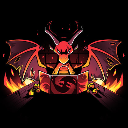 Premium Cotton T-shirt_TeeTurtle black Dragon Master. Featuring a sinister-looking dragon dungeon master with flames in the background.