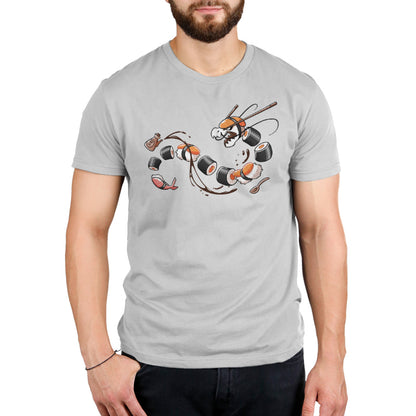 A man wearing a grey t-shirt with a Dragon Roll (Sushi) on it at TeeTurtle.