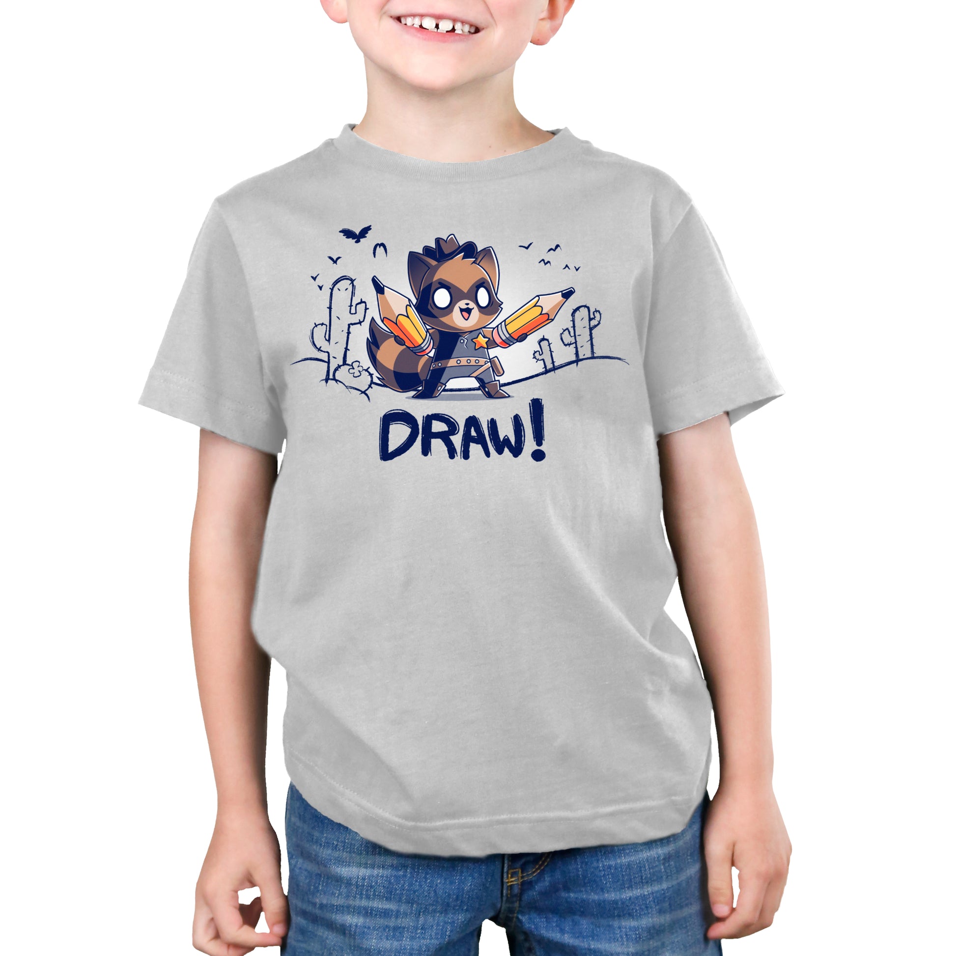 Premium Cotton T-shirt_Teeturtle Draw! silver gray t-shirt featuring a cowboy-attired raccoon in a sketched desert complete with vultures and cacti holding a pair of pencils with 'Draw!' written underneath.