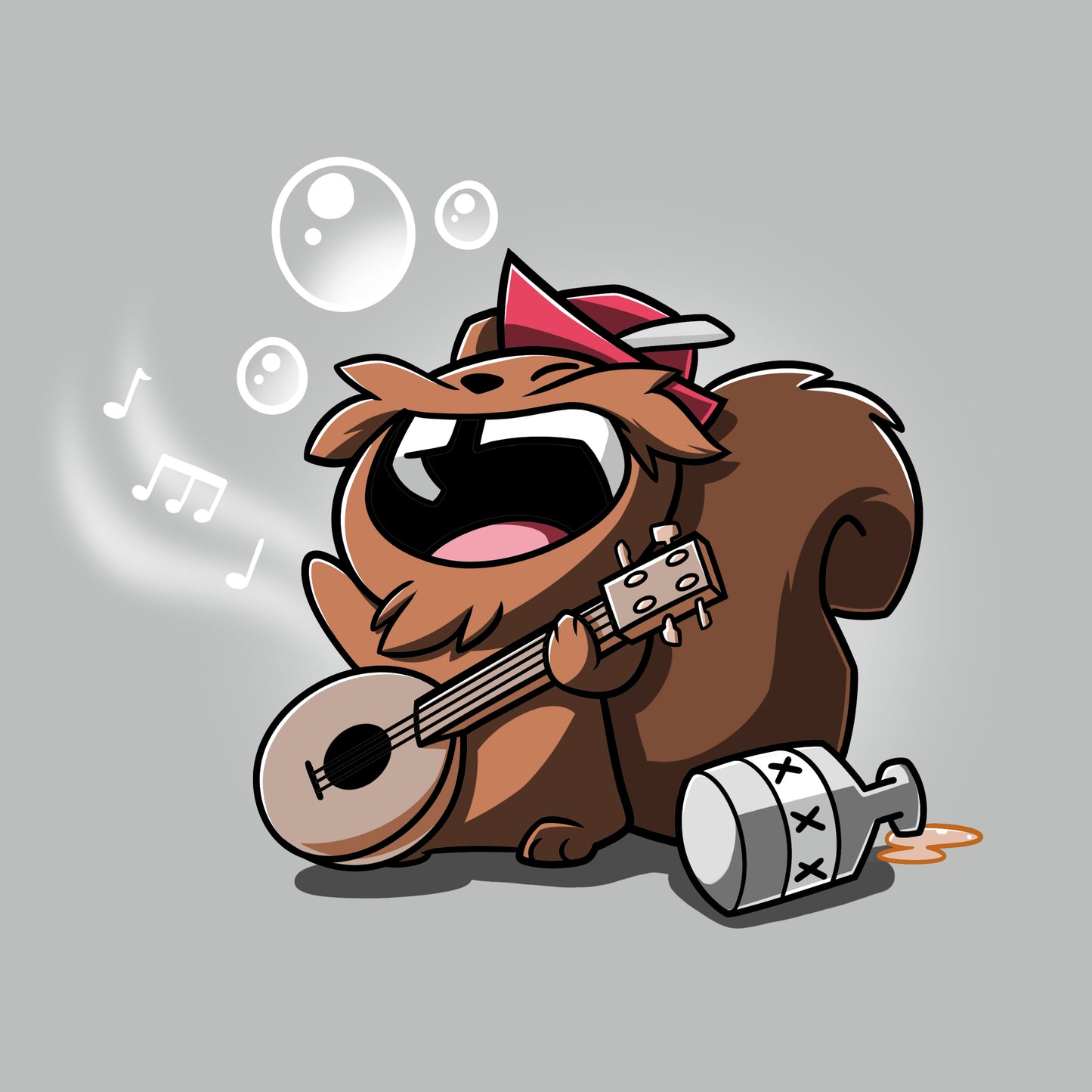 A Drunken Bard TeeTurtle cartoon squirrel with a guitar playing amidst a sea of bubbles.