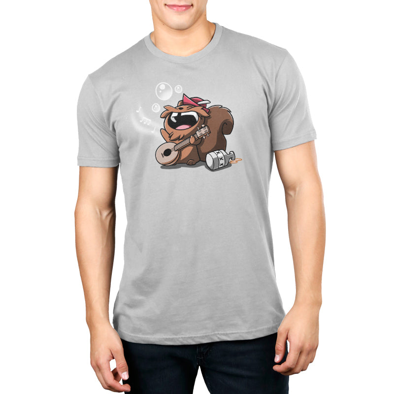 A man wearing a limited stock remaining Drunken Bard grey t-shirt with a bear on it, which is part of the final sale item collection from TeeTurtle.