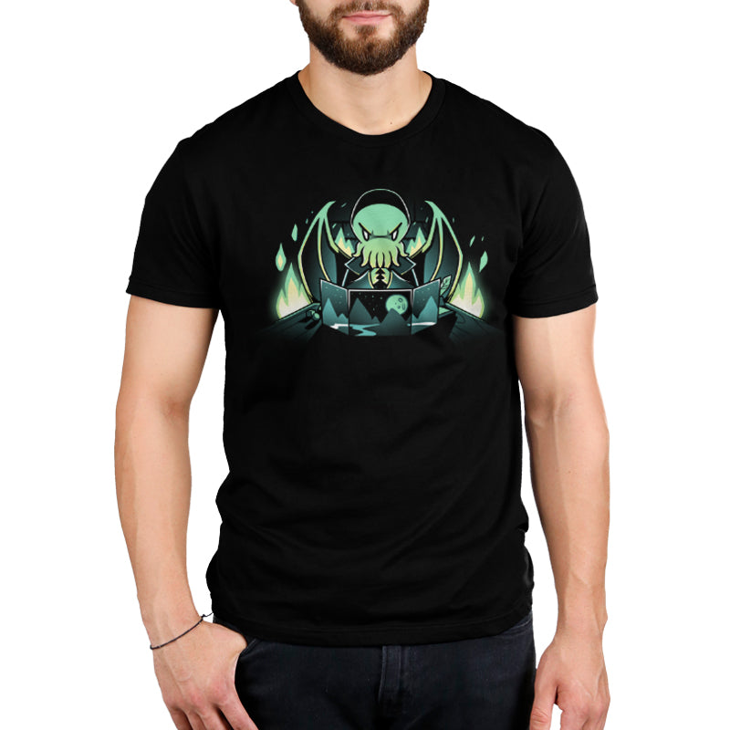 A man wearing a black t-shirt with an image of the Dungeon Monster, embodying TeeTurtle in a tabletop adventure.