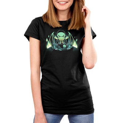 Premium Cotton T-shirt_TeeTurtle Dungeon Monster black t-shirt featuring a monster with green skin, tentacles, and wings sitting behind a gaming map with mountains and a moon, surrounded by glowing green flames.