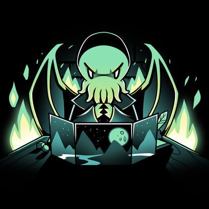 A green Dungeon Monster sitting in front of a book, perfect for a TeeTurtle tabletop adventure T-shirt.