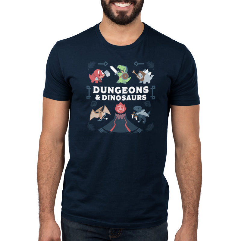 Dungeons & Dinosaurs navy blue men's T-shirt featuring dinosaurs from TeeTurtle.