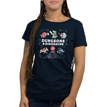 A woman wearing a Dungeons & Dinosaurs TeeTurtle T-shirt.