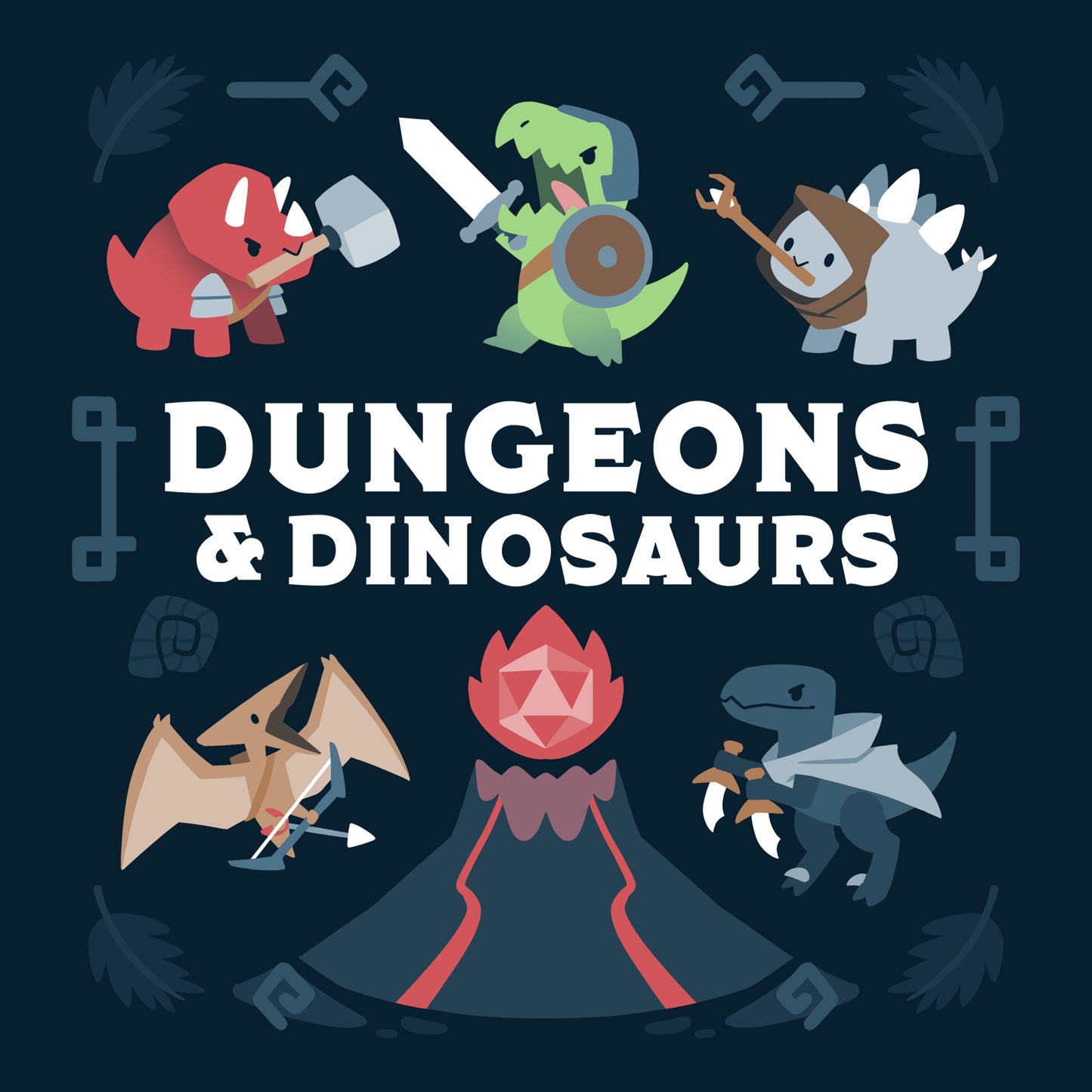 Navy blue Dungeons & Dinosaurs logo for a T-shirt featuring dinosaurs by TeeTurtle.