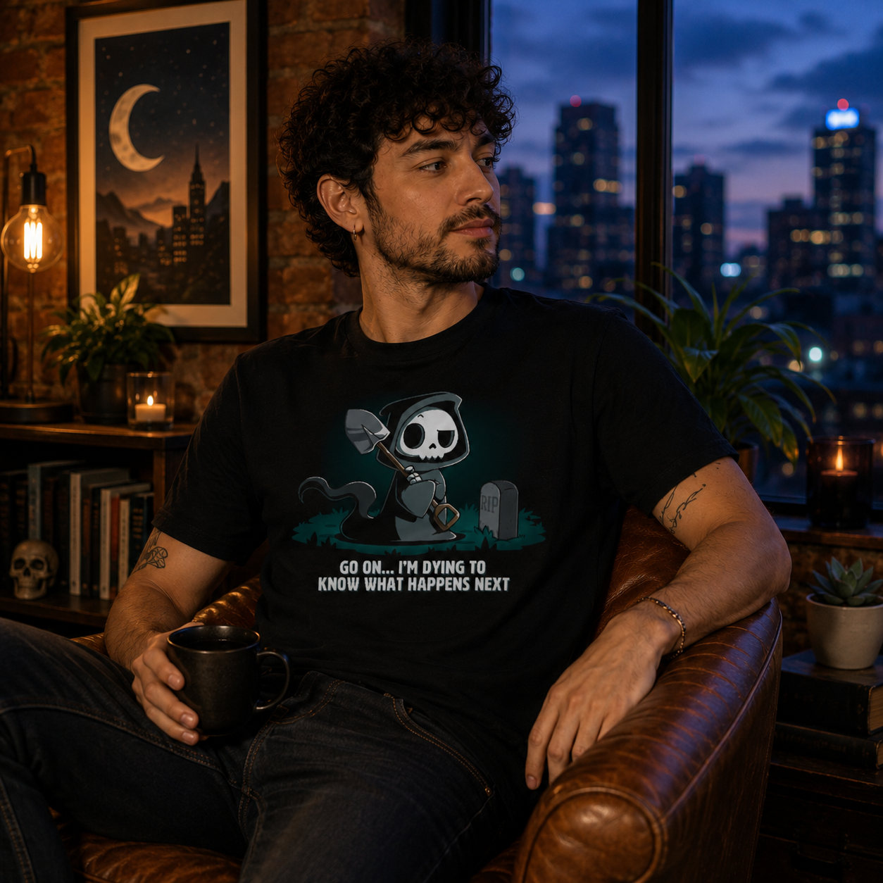 Premium Cotton T-shirt_TeeTurtle black Dying to Know What Happens Next Premium Cotton T-shirt featuring a grim reaper with crossed arms, a raised eyebrow and a shovel near a gravestone and the text "Go On... I'm Dying to Know What Happens Next" below it. 