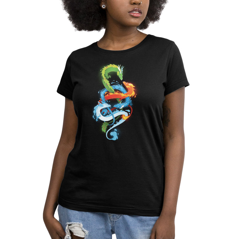 A woman wearing a black t-shirt with TeeTurtle's The Four Elements, a colorful dragon representing nature.