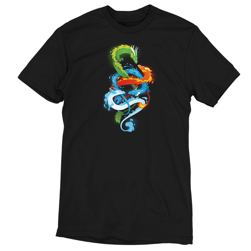 A black t-shirt with a colorful snake on it represents The Four Elements by TeeTurtle.