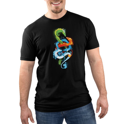 A man wearing a black t-shirt showcasing colorful dragons, called "The Four Elements" by TeeTurtle.