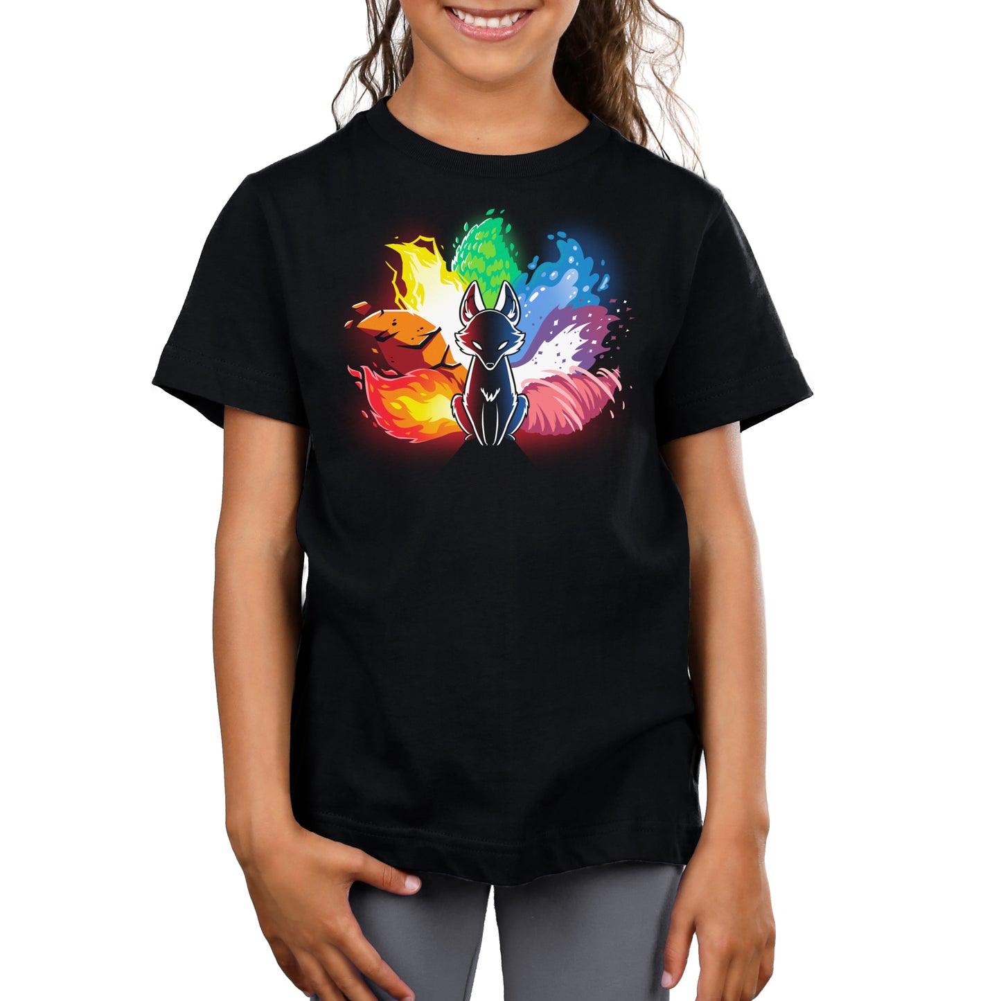 A girl wearing an Elemental Kitsune black t-shirt with an image of a pokémon on it, made by TeeTurtle.