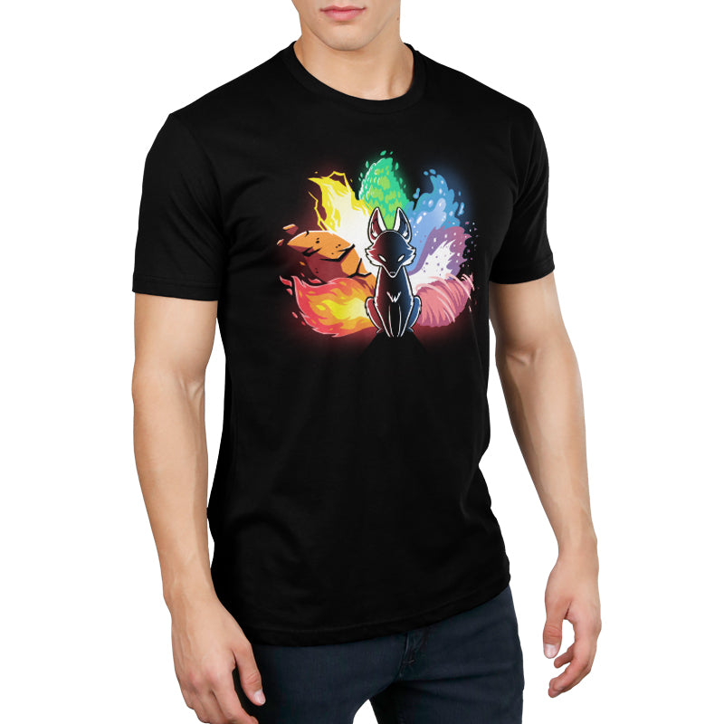 A man wearing a Elemental Kitsune T-shirt with an image of a flower from TeeTurtle.