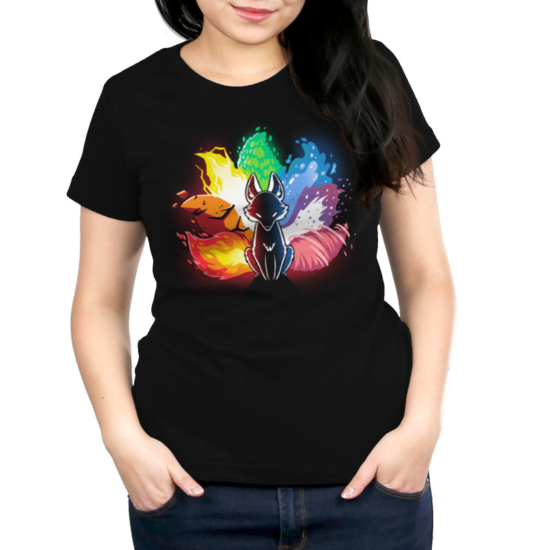 A women's black t-shirt with an image of a flower from TeeTurtle's Elemental Kitsune.