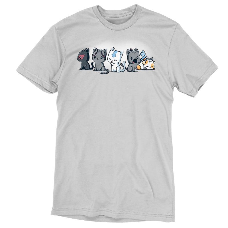 A casual fit grey t-shirt featuring Elemental Kitties, ready for an adventure together, by TeeTurtle.