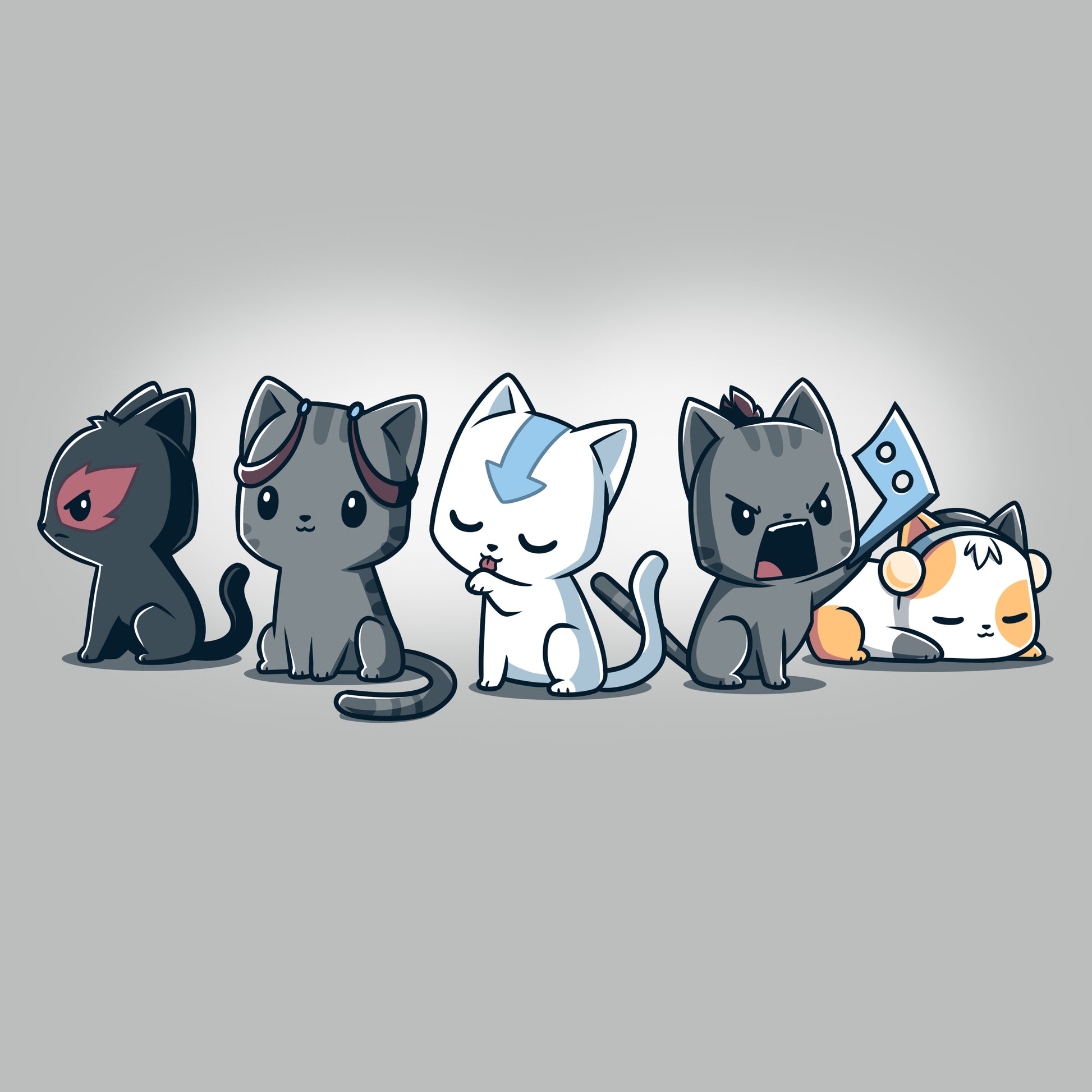 A group of TeeTurtle's Elemental Kitties standing next to each other on a T-shirt.
