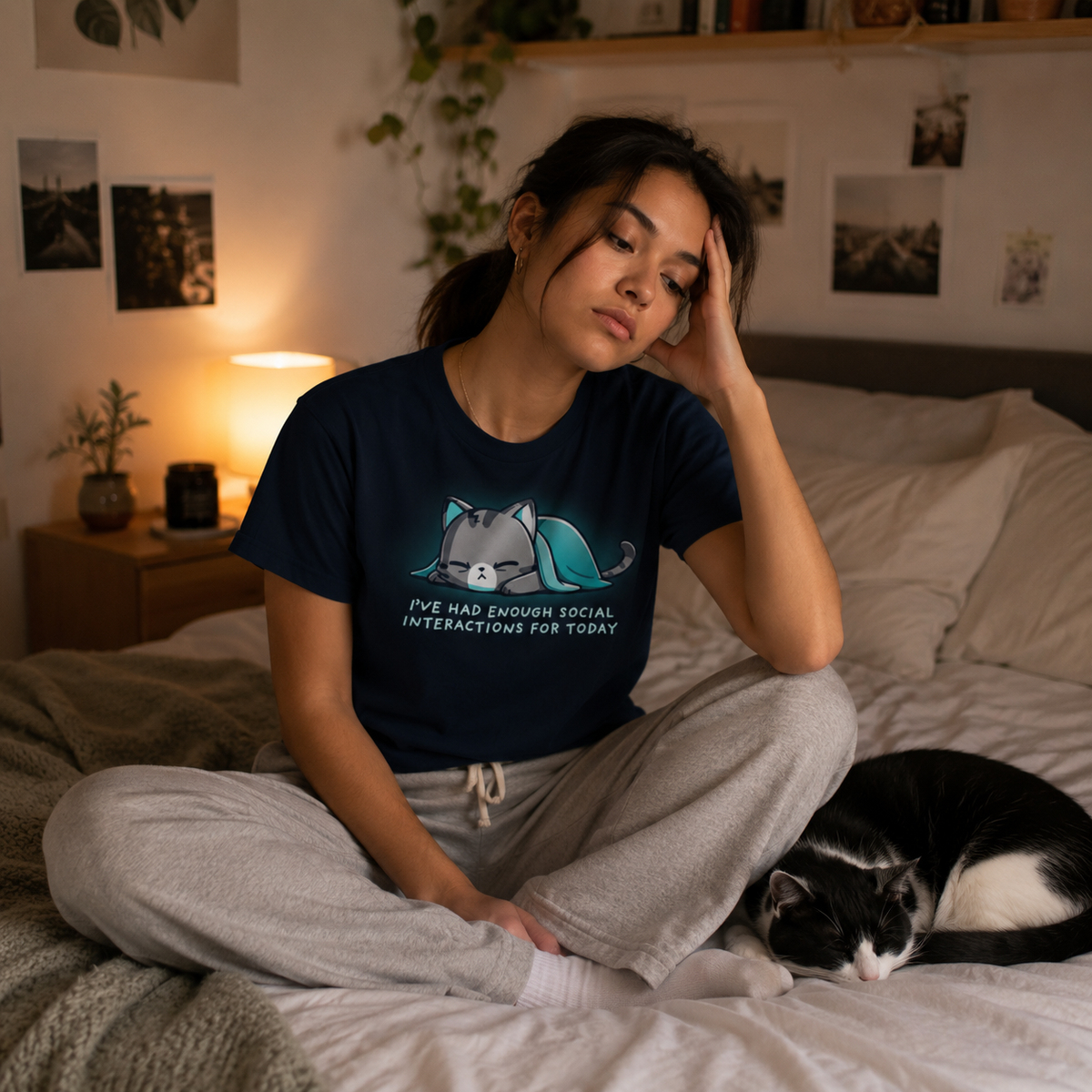 Men's Premium T-Shirt_TeeTurtle navy Enough Social Interactions Men's Premium T-Shirt featuring an exhausted gray tabby cat lying under a teal blanket with the text "I've Had Enough Social Interactions For Today."