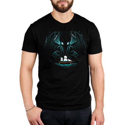 A black men's Epic Cthulhu t-shirt featuring an adventurous image of a ship with a dragon on it, inspired by a magical place, from TeeTurtle.